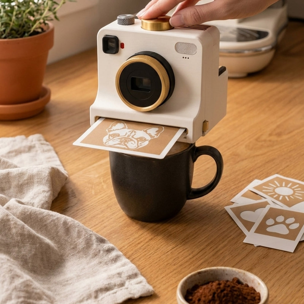CAFÉCLIC posé sur une tasse, en train de dessiner un motif sur la mousse