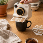 CAFÉCLIC posé sur une tasse, en train de dessiner un motif sur la mousse