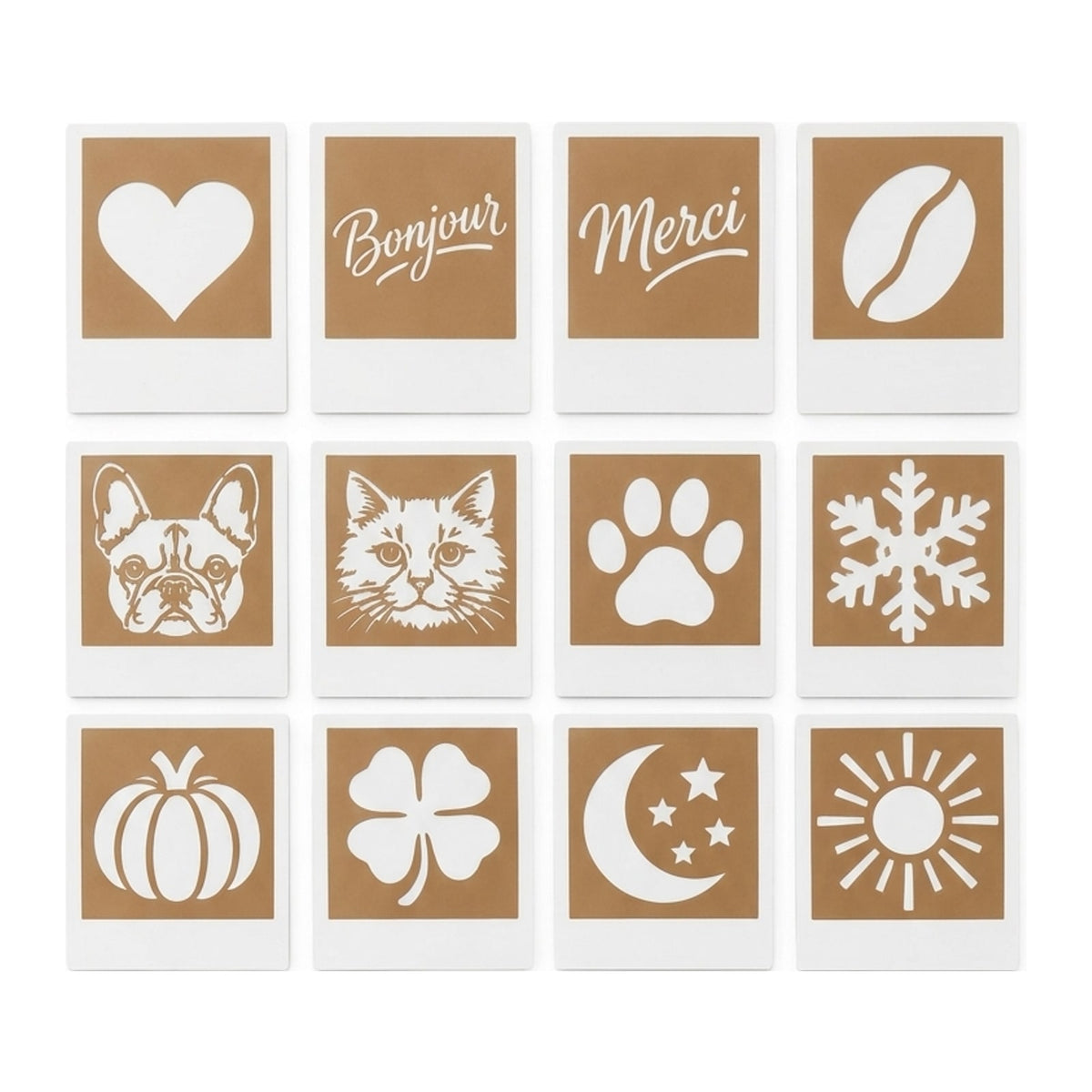 Les 12 cartes pochoirs incluses : cœur, Bonjour, Merci, grain de café, bouledogue, chat, patte, flocon, citrouille, trèfle, lune, soleil