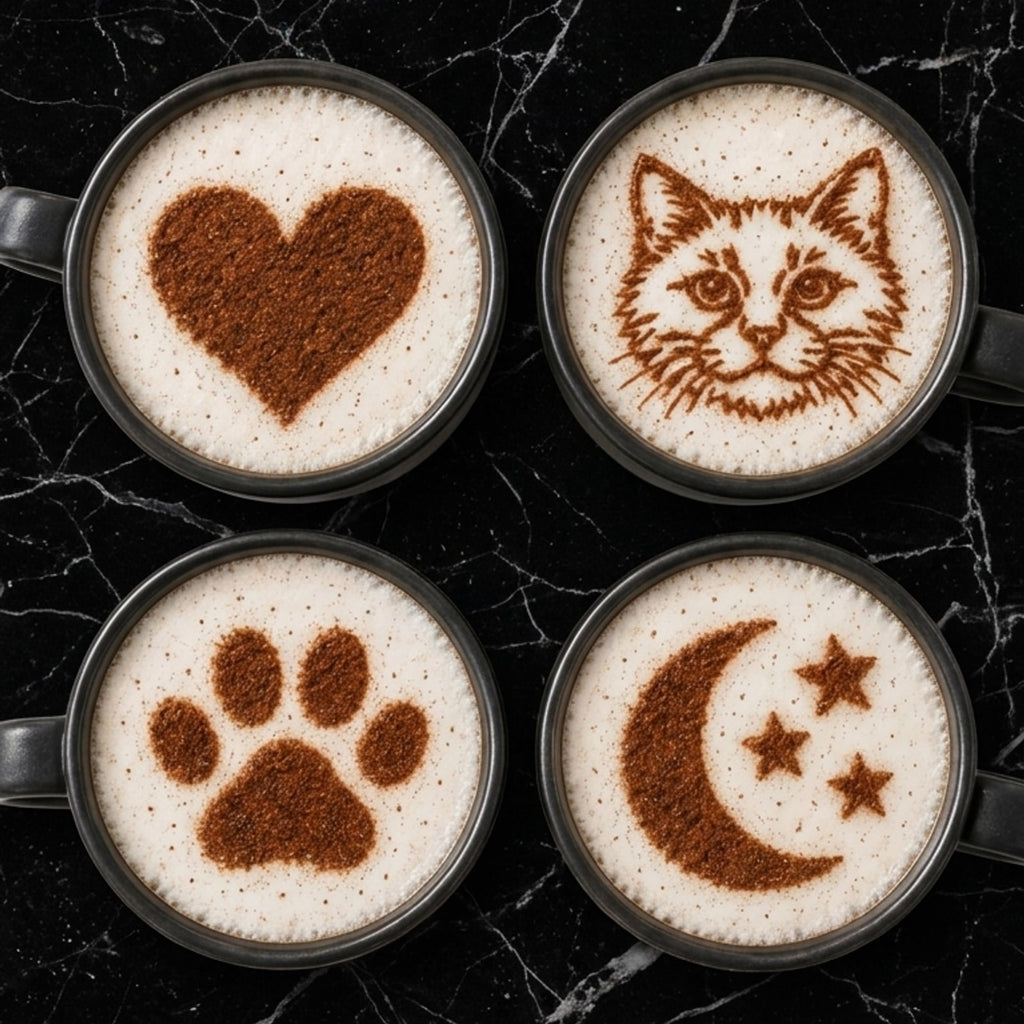 Quatre cafés décorés : cœur, chat, patte et lune