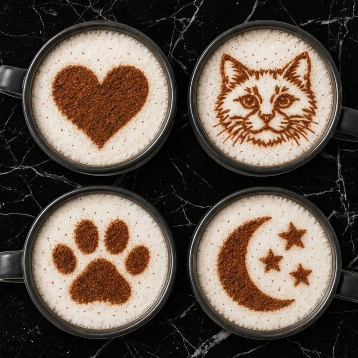 Quatre cafés décorés : cœur, chat, patte et lune