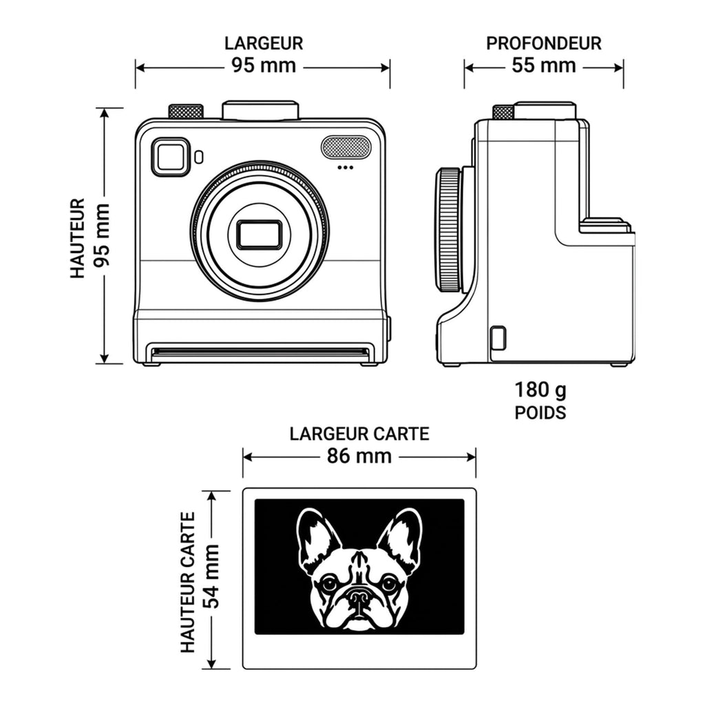 Dimensions du CAFÉCLIC (95 × 95 × 55 mm, 180 g) et des cartes pochoirs (86 × 54 mm)